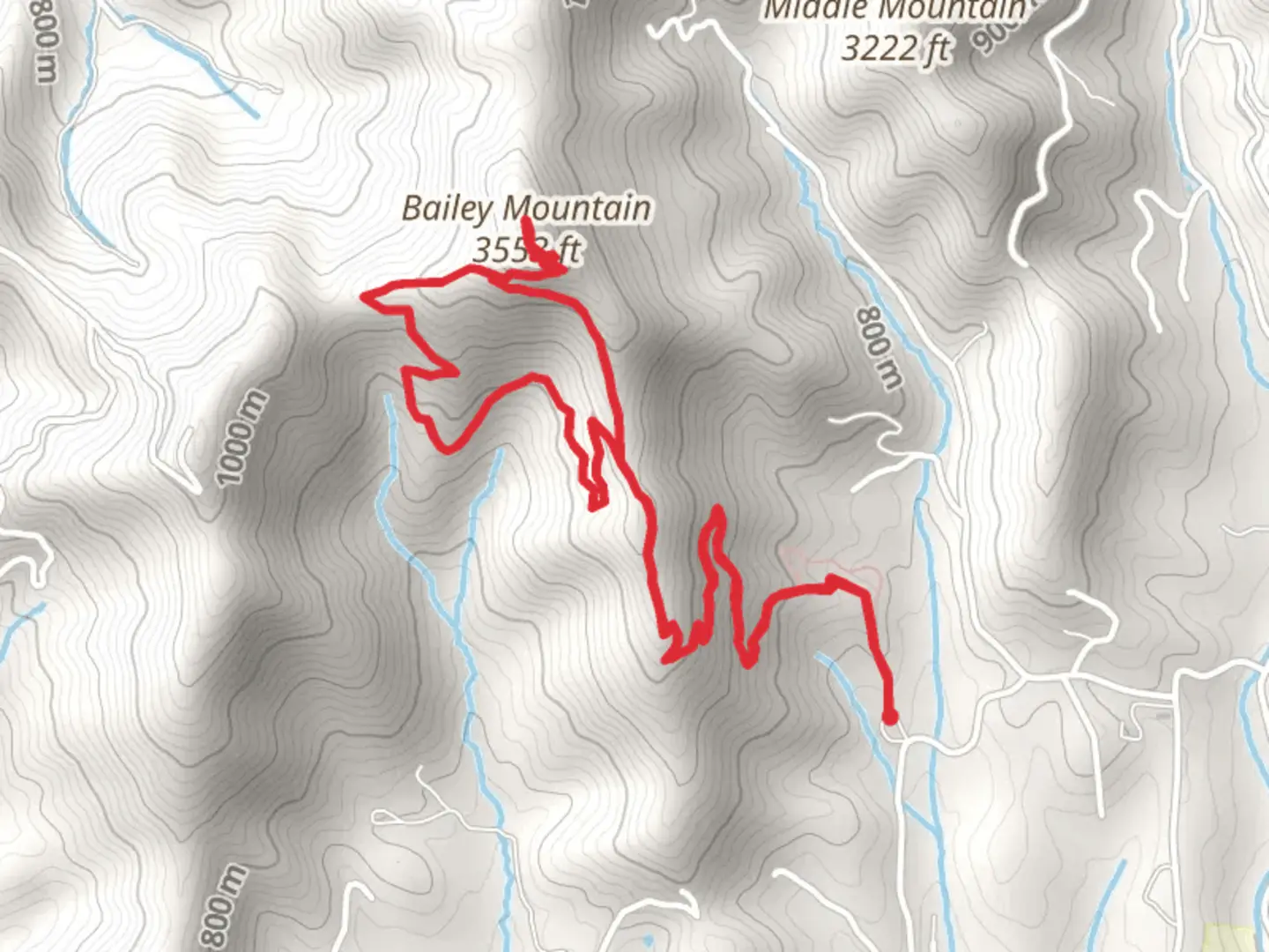 An image depicting the trail Bailey Mountain via Richard L Hoffman Trail and Blue Trail Loop and its surrounding area.