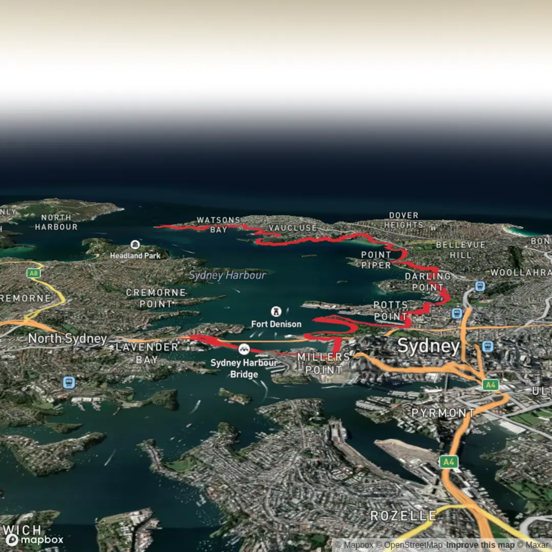 An image depicting the trail Milsons Point - South Head - Watsons Bay and its surrounding area.