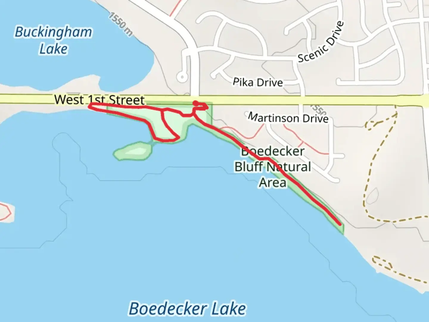 An image depicting the trail Boedecker Bluff Natural Area and its surrounding area.