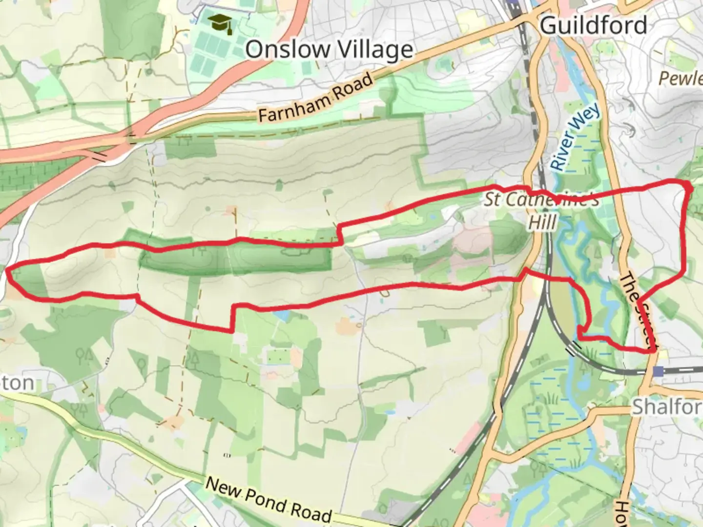 An image depicting the trail Shalford Park and Loseley Estate Nature Reserve Loop and its surrounding area.