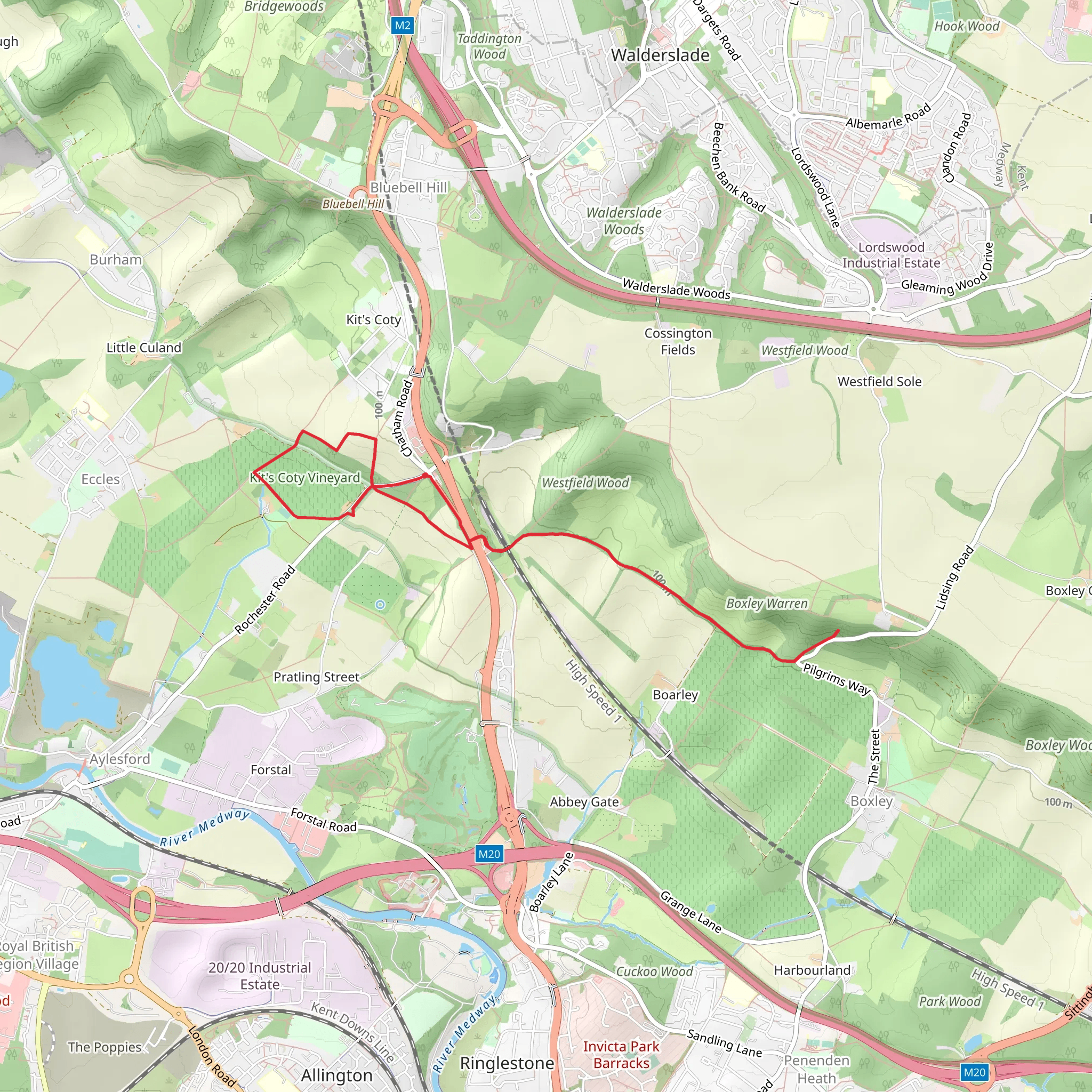 Boxley Warren and Coffin Stone via Pilgrims Way mobile static map