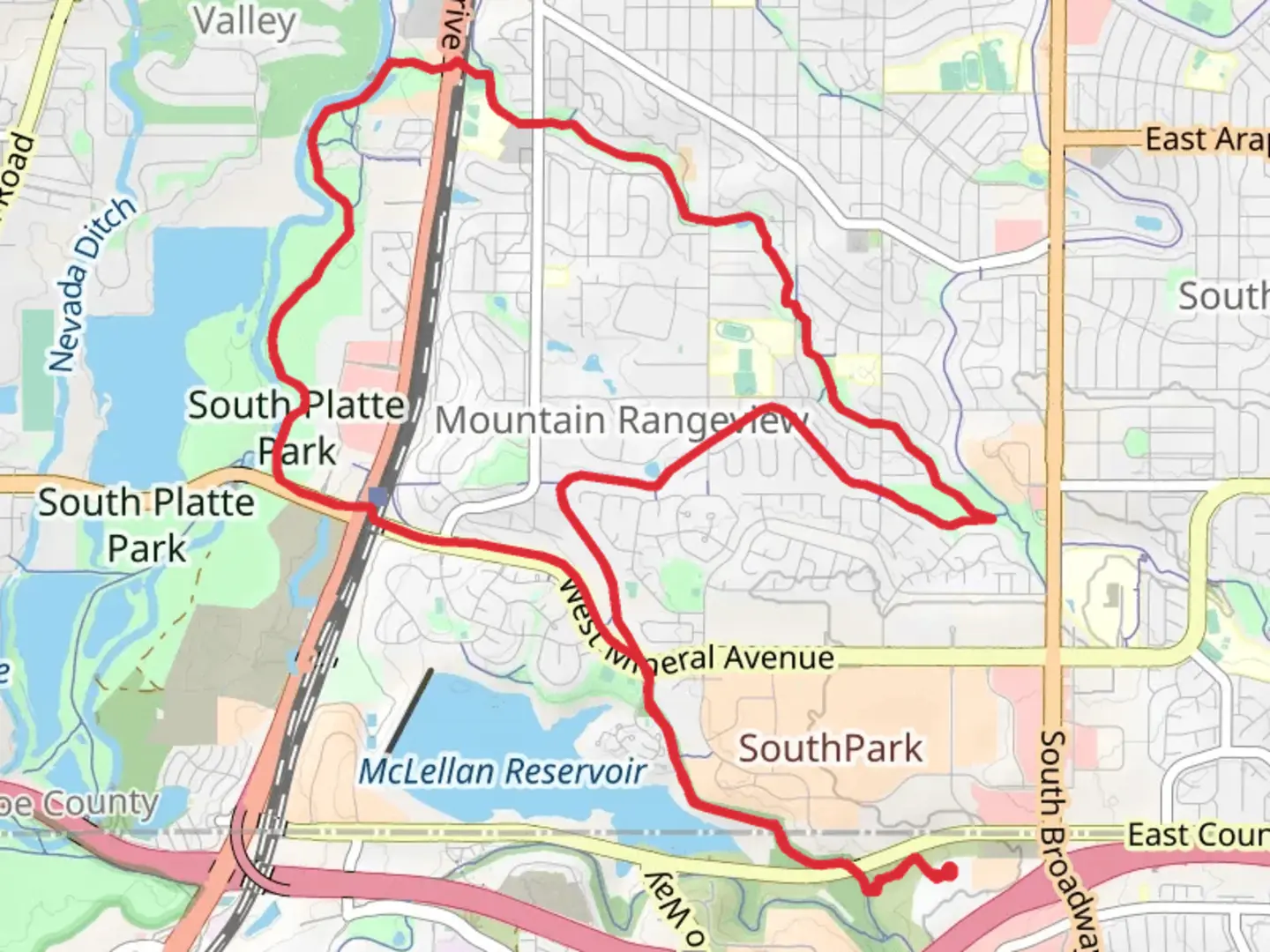 An image depicting the trail Highline Canal Trail, Lee Gulch Trail and Mineral Ave Loop Trail and its surrounding area.