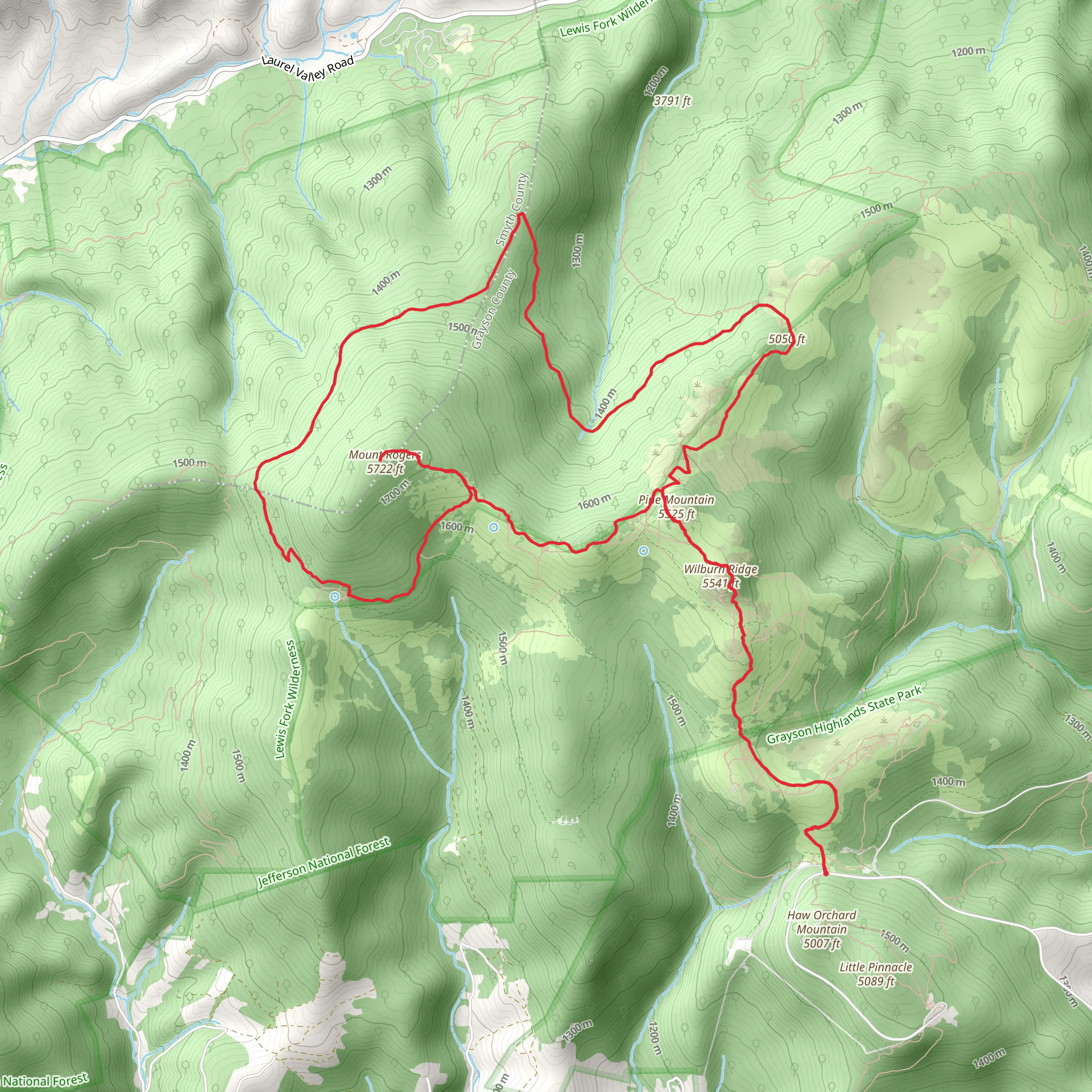 Mount Rogers via Rhododendron Trail and Lewis Fork Trail mobile static map