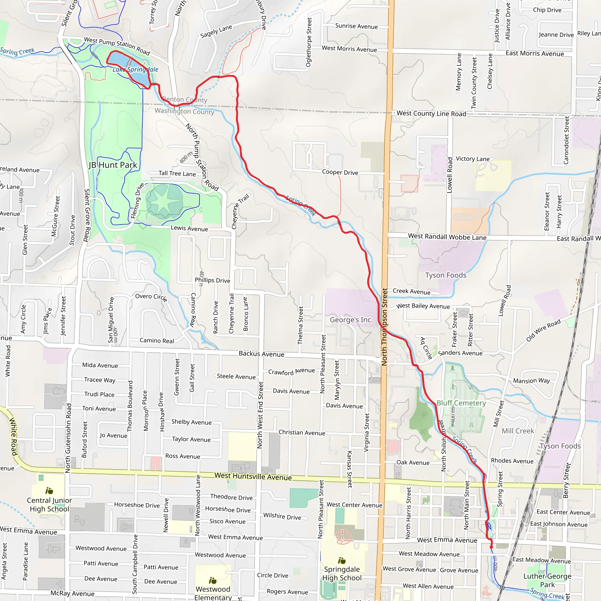 Razorback Regional Greenway to Lake Springdale mobile static map
