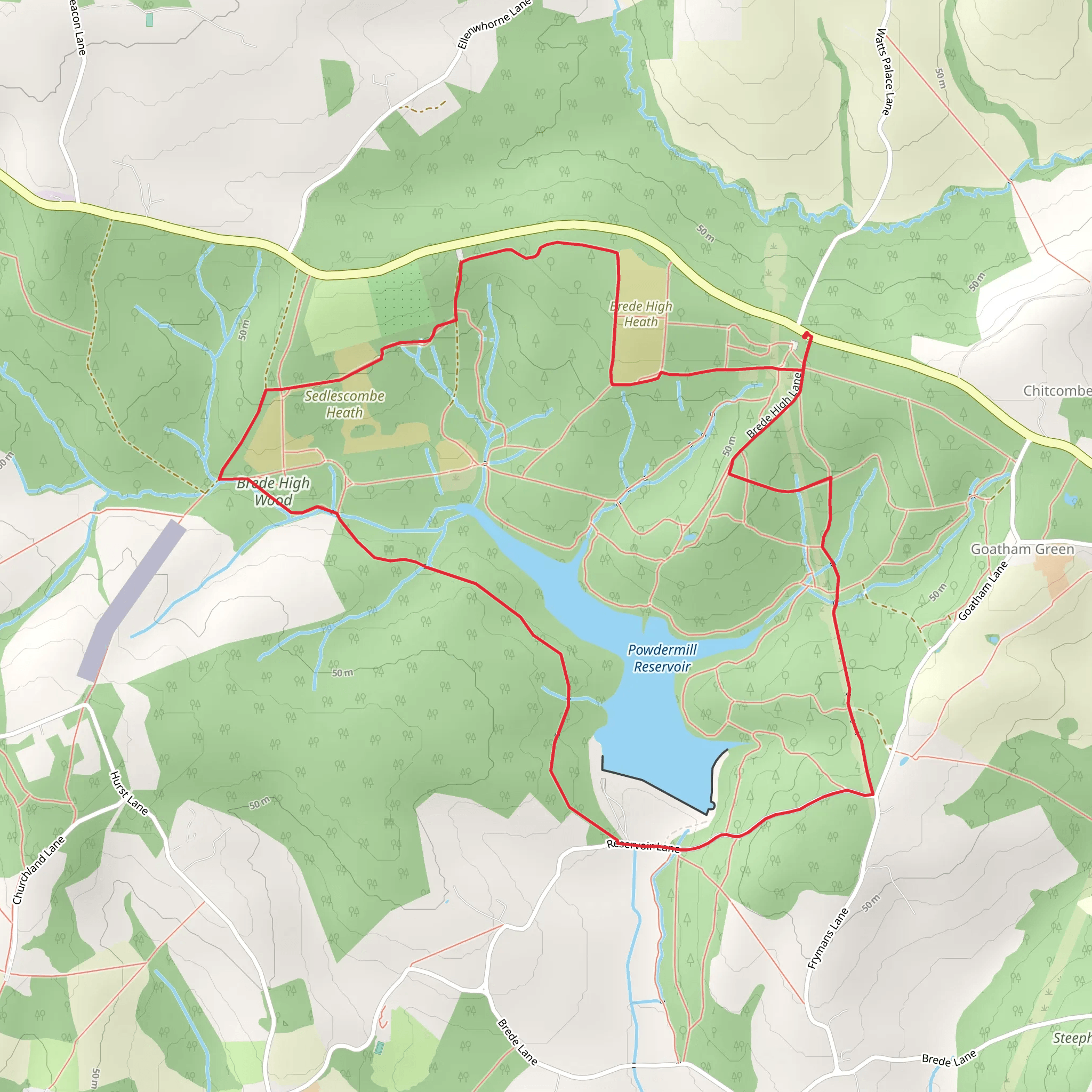 Powdermill Reservoir and Brede High Wood Loop mobile static map