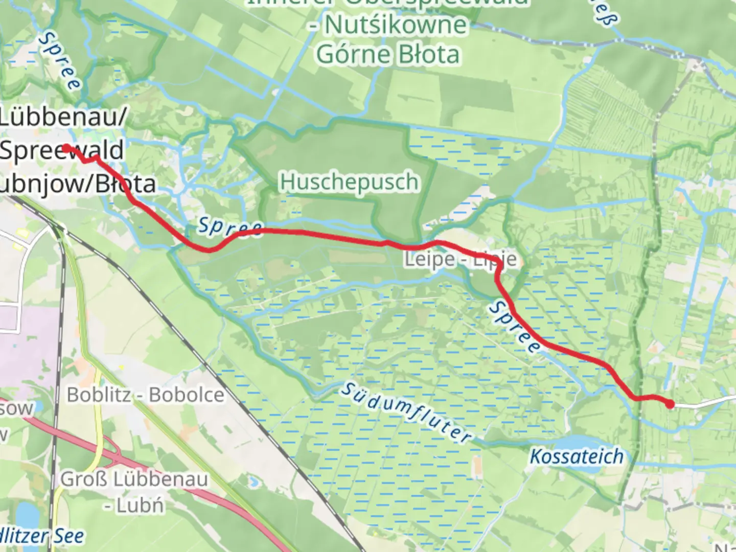 An image depicting the trail Lübbenau to Burg via Leiper Weg and its surrounding area.
