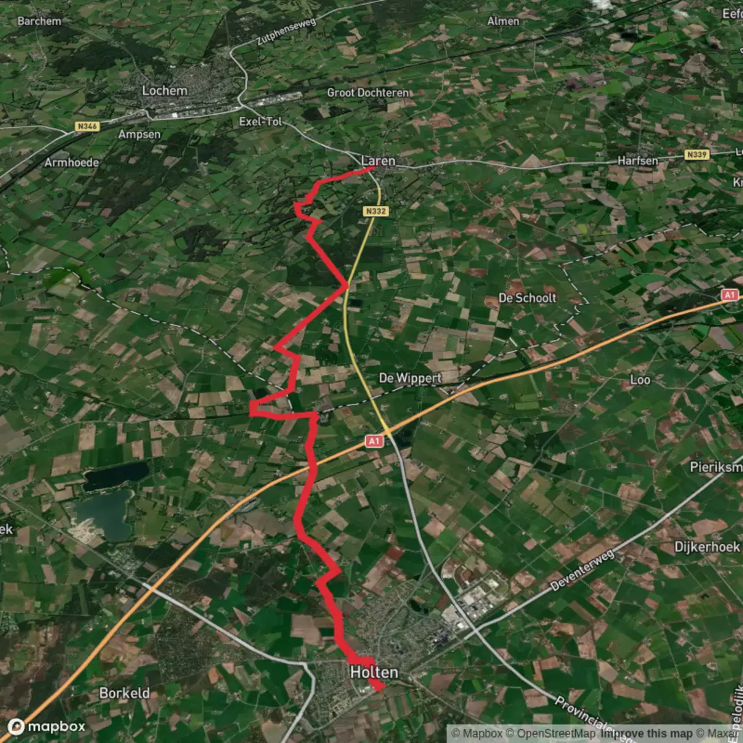 An image depicting the trail Holten to Laren via Het Paalhuus and Kasteel Verwolde and its surrounding area.