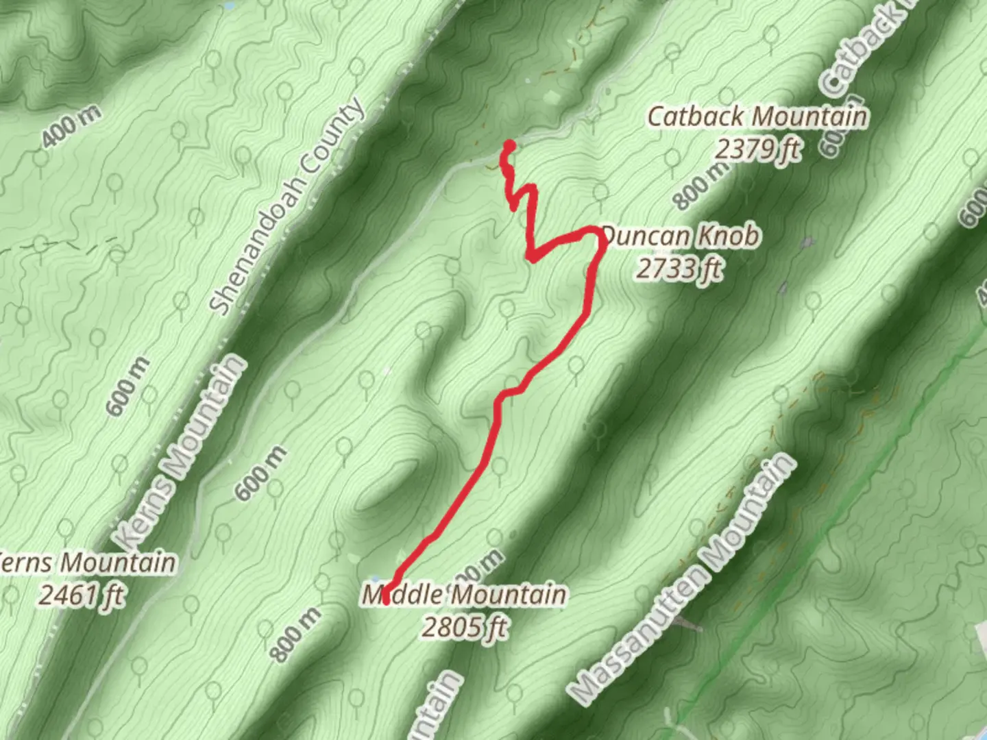 An image depicting the trail Waterfall Mountain and Middle Mountain and its surrounding area.