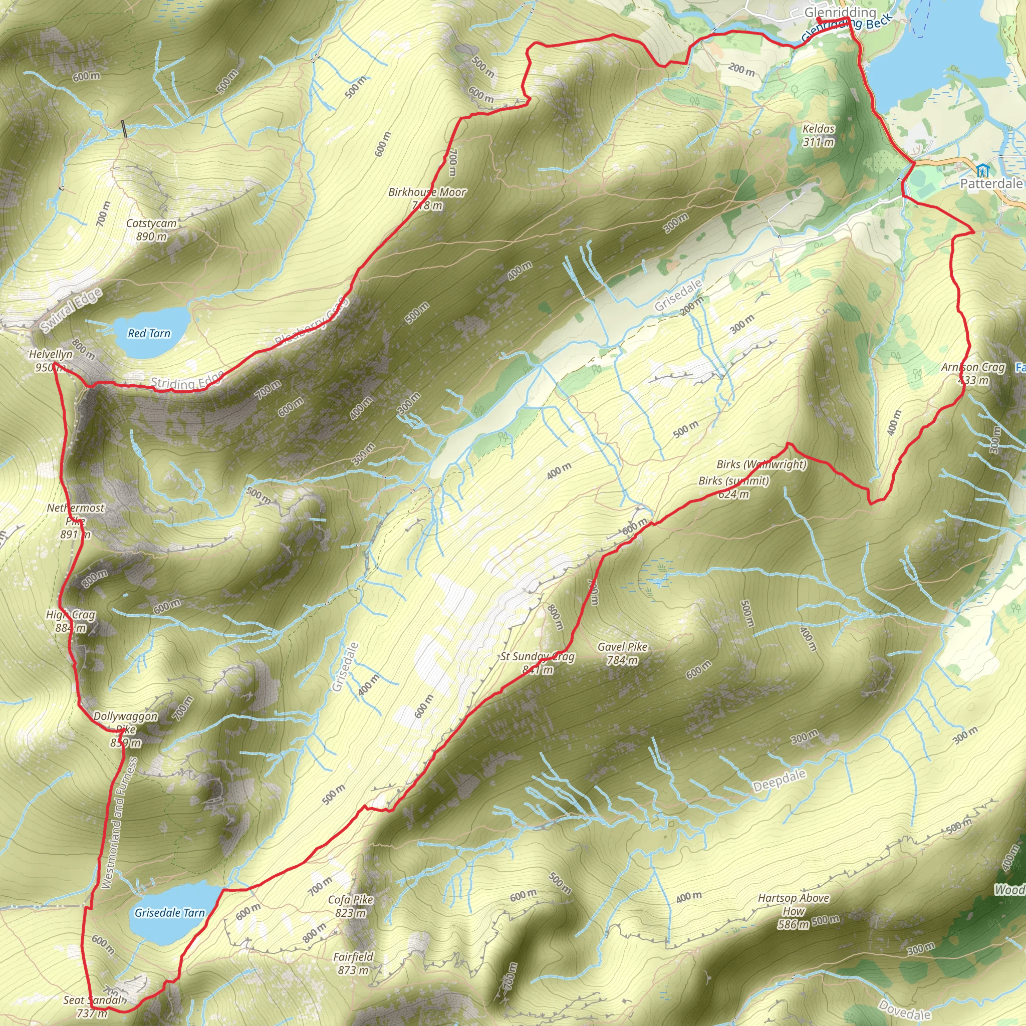 Birkhouse Moor, Helvellyn, Seat Sandal and Grisedale Tarn Loop mobile static map