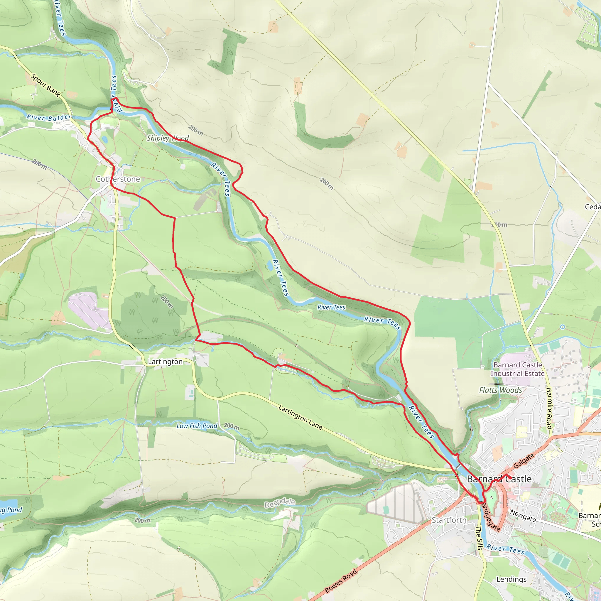 Barnard Castle and Cotherstone Loop walk via River Tees mobile static map