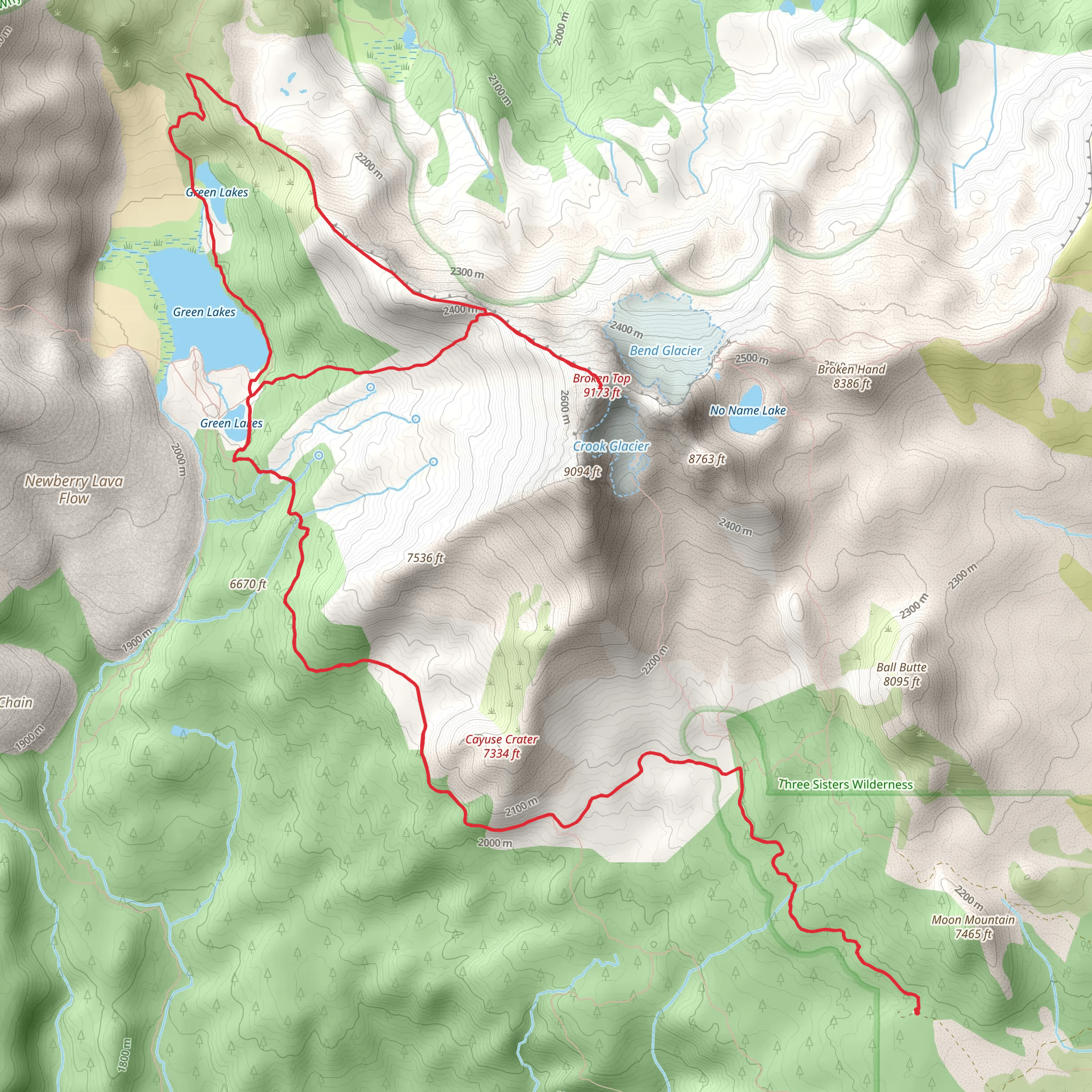 Crater Creek Ditch, Broken Top and Green Lakes Loop Trail mobile static map
