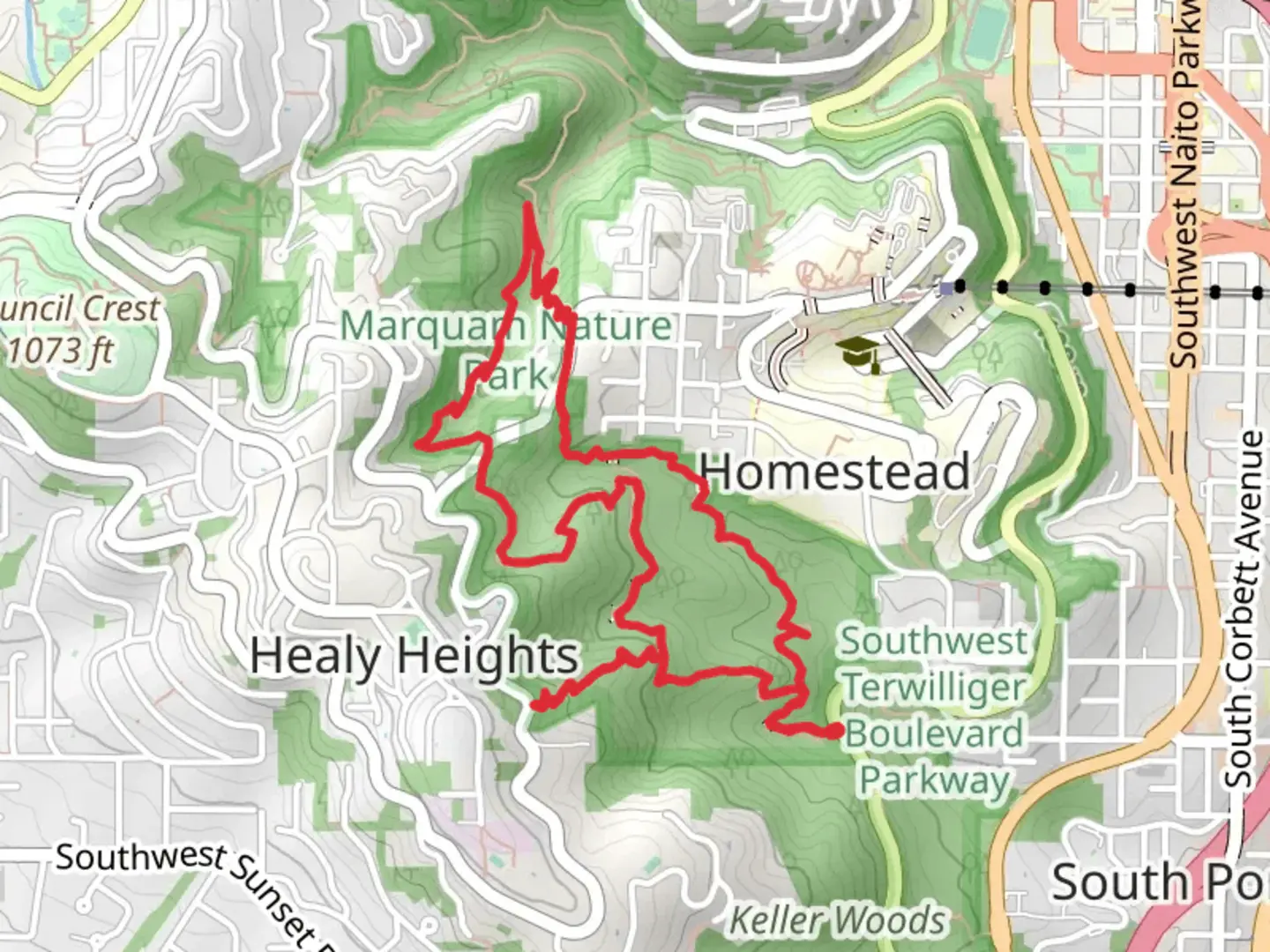 An image depicting the trail Marquam Hill, Towhee Trail and Flicker Trail Loop and its surrounding area.