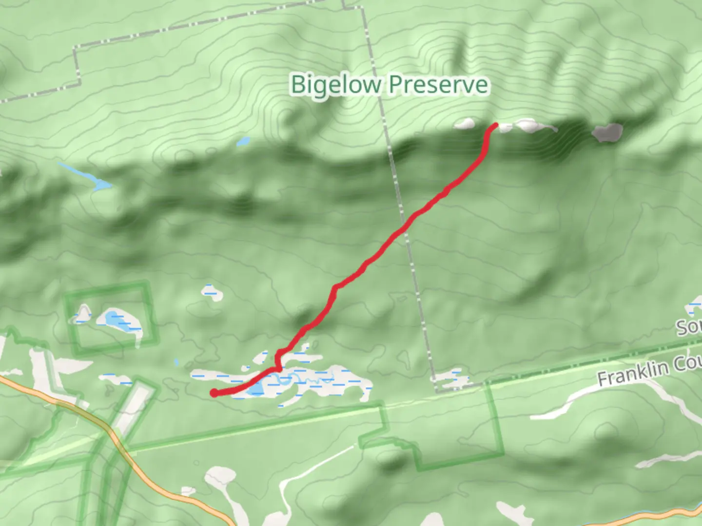 An image depicting the trail Myron H Avery Peak from Stratton Brook Pond Road and its surrounding area.