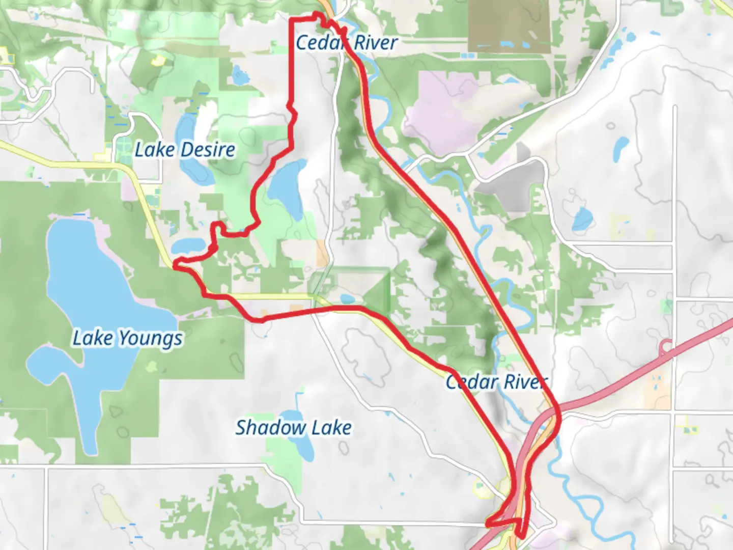 An image depicting the trail Shady Lake, Spring Lake, Cedar River and Lake Yoke Youngs Loop Trail and its surrounding area.