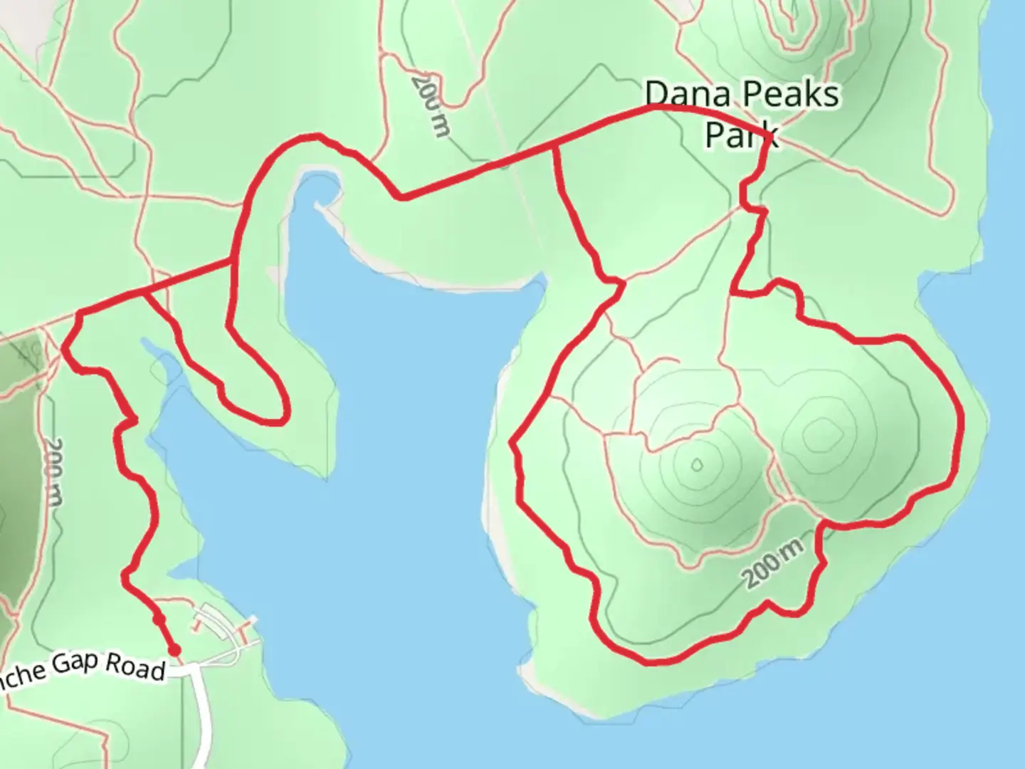 An image depicting the trail Lagoon Loop and Twin Peaks Trail and its surrounding area.