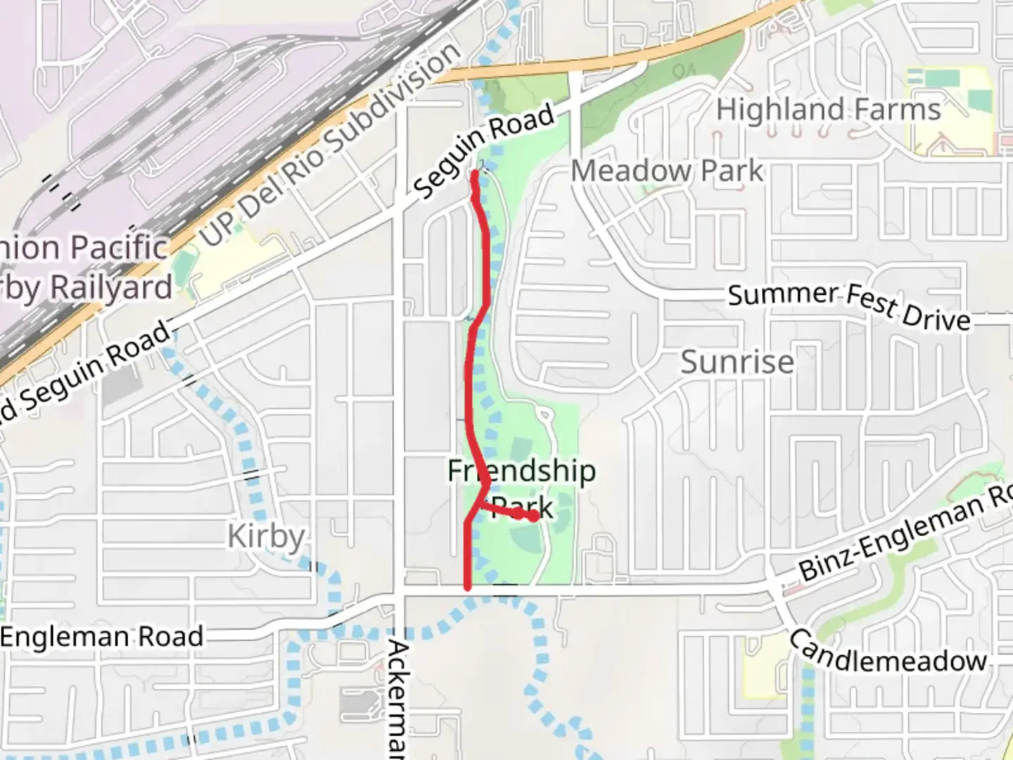 An image depicting the trail Friendship Park and Rosillo Creek Walk and its surrounding area.
