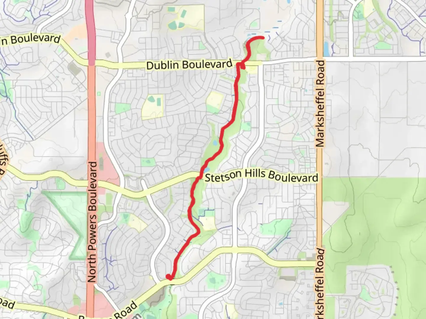 An image depicting the trail Sand Creek Trail from Barnes Road and its surrounding area.