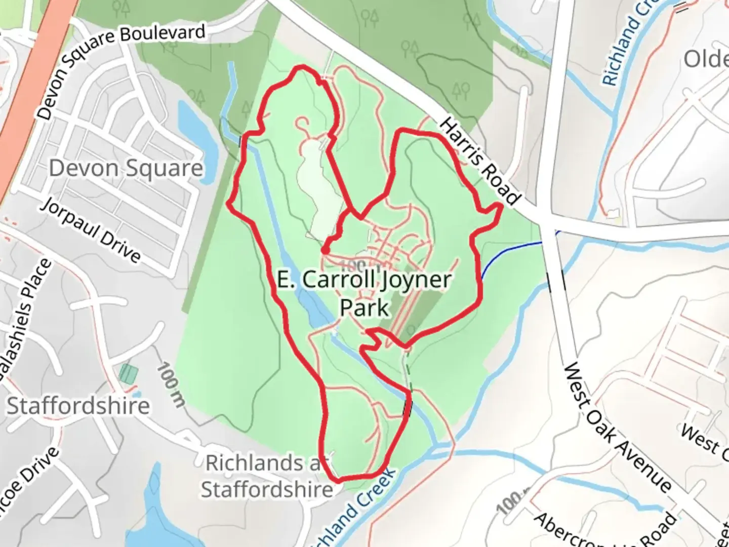 An image depicting the trail E Carroll Joyner Park Loop and its surrounding area.