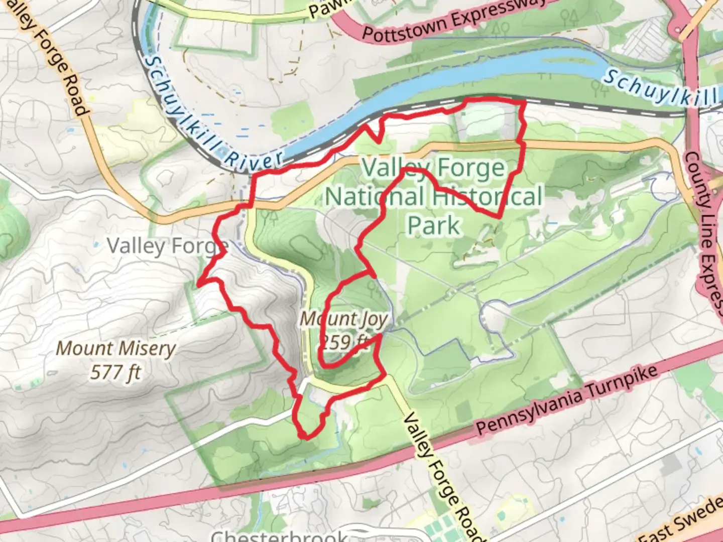 An image depicting the trail Mt Misery Trail and Valley Forge National Historical Park Loop Trail and its surrounding area.