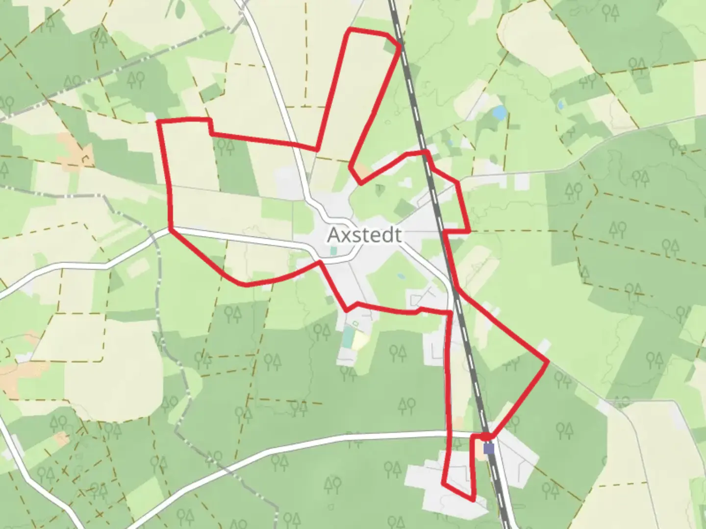 An image depicting the trail Lübberstedt and Axstedt Loop via Kampstraße and its surrounding area.