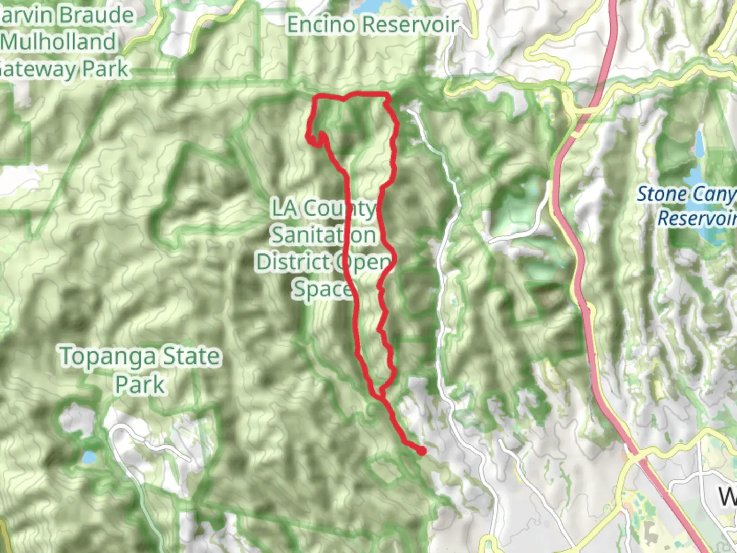 An image depicting the trail First Crack, Mulholland Drive and Sullivan Canyon Loop Trail and its surrounding area.