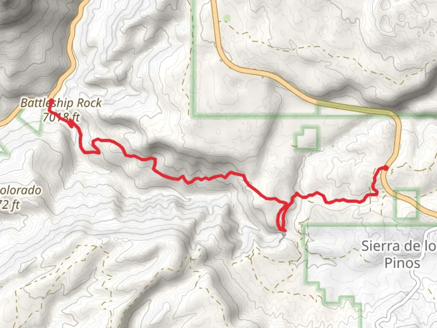 An image depicting the trail East Fork Trail and Battleship Rock and its surrounding area.