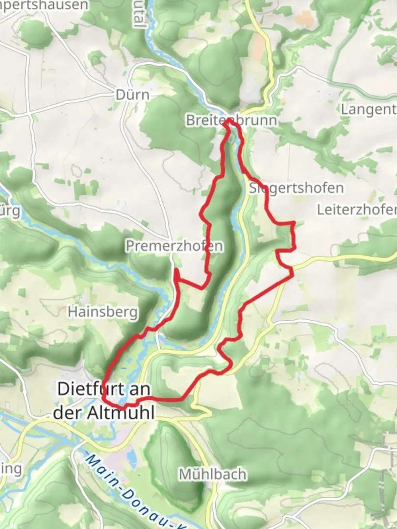An image depicting the trail Breitenbrunn and Dietfurt an der Altmuhl Loop and its surrounding area.