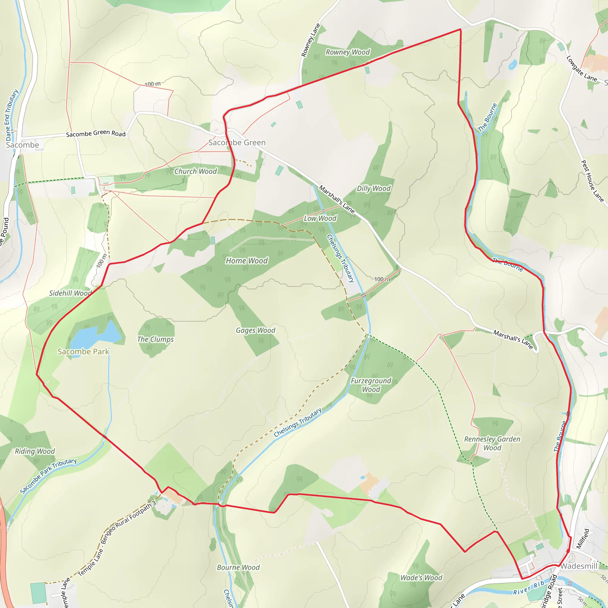 Wadesmill and Sacombe Green Loop mobile static map