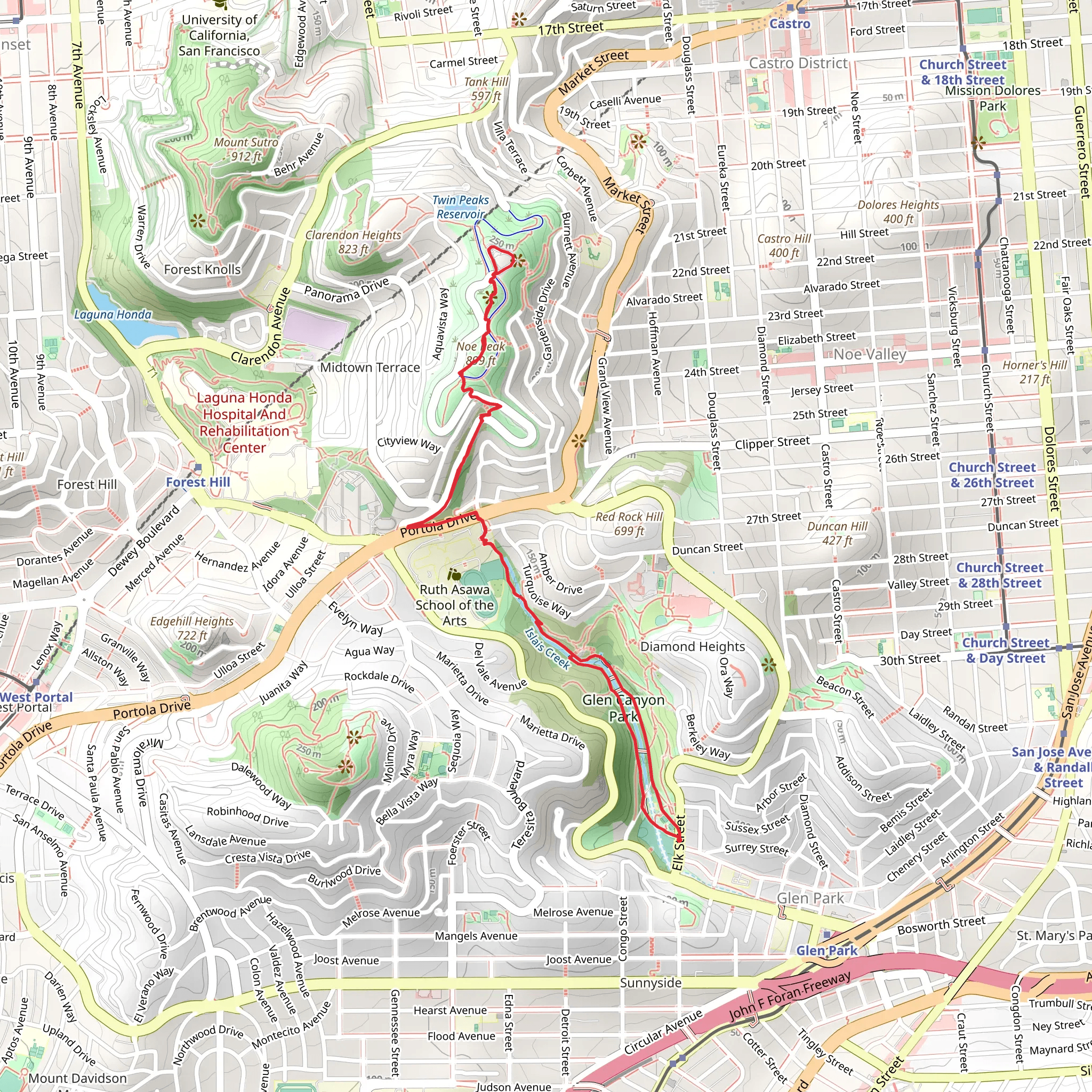 Two Peaks Trail and Islais Creek Trail mobile static map