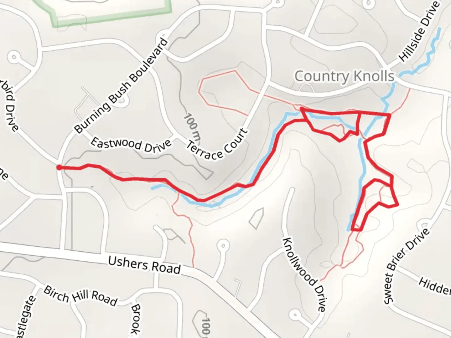 An image depicting the trail Knolls Hollow Brook Loop via Eastwood and its surrounding area.
