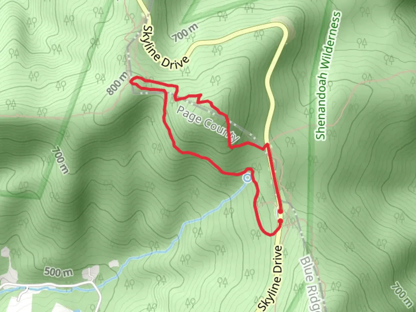 An image depicting the trail Skyline Drive Loop and its surrounding area.