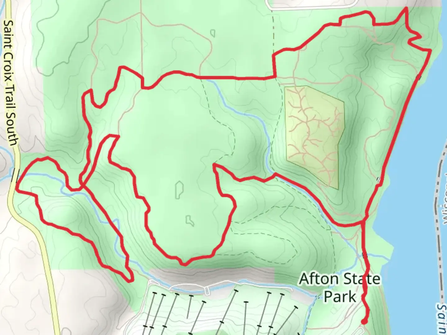 An image depicting the trail Saint Croix River and Afton State Park via Prairie Loop and its surrounding area.