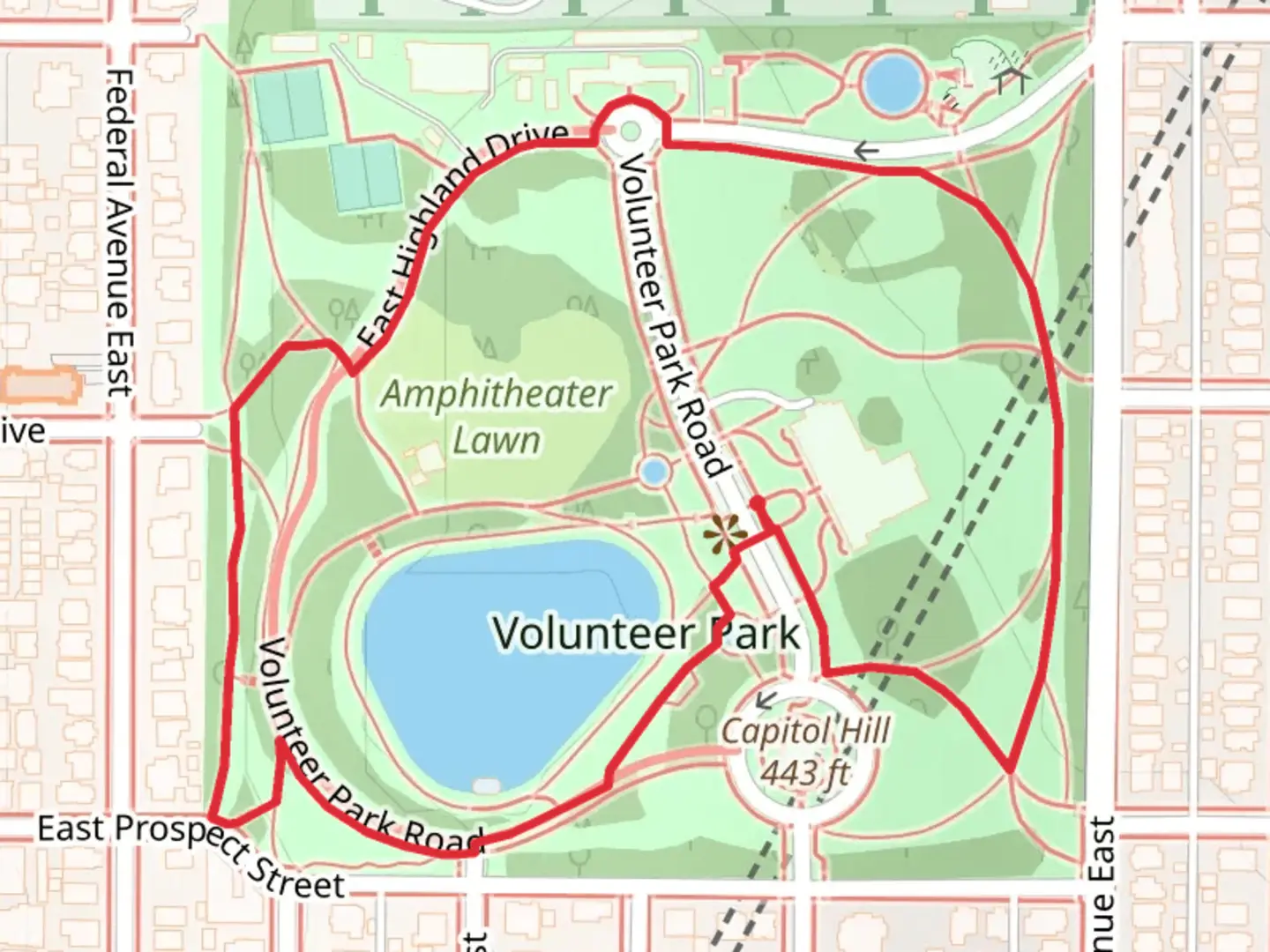 An image depicting the trail Volunteer Park Reservoir Loop and its surrounding area.