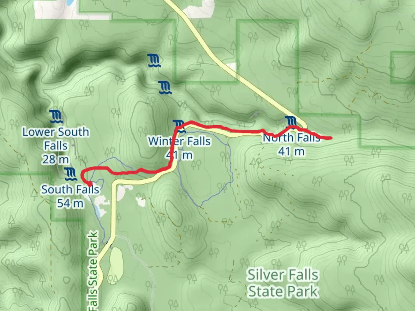 An image depicting the trail Rim Trail and North Falls Trail and its surrounding area.