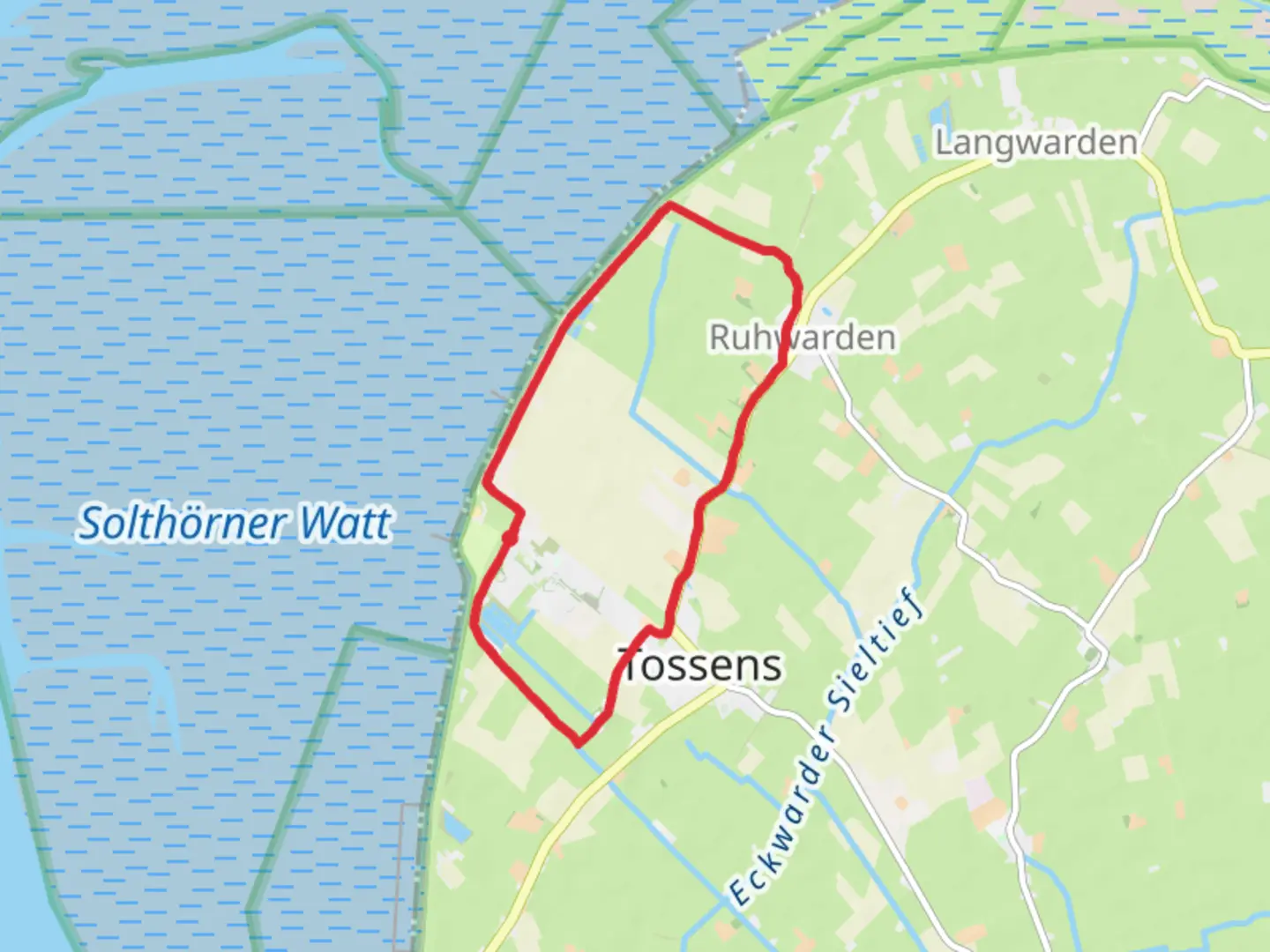 An image depicting the trail Tossener Groden, Dukergroden and Ruhwardergroden Loop and its surrounding area.