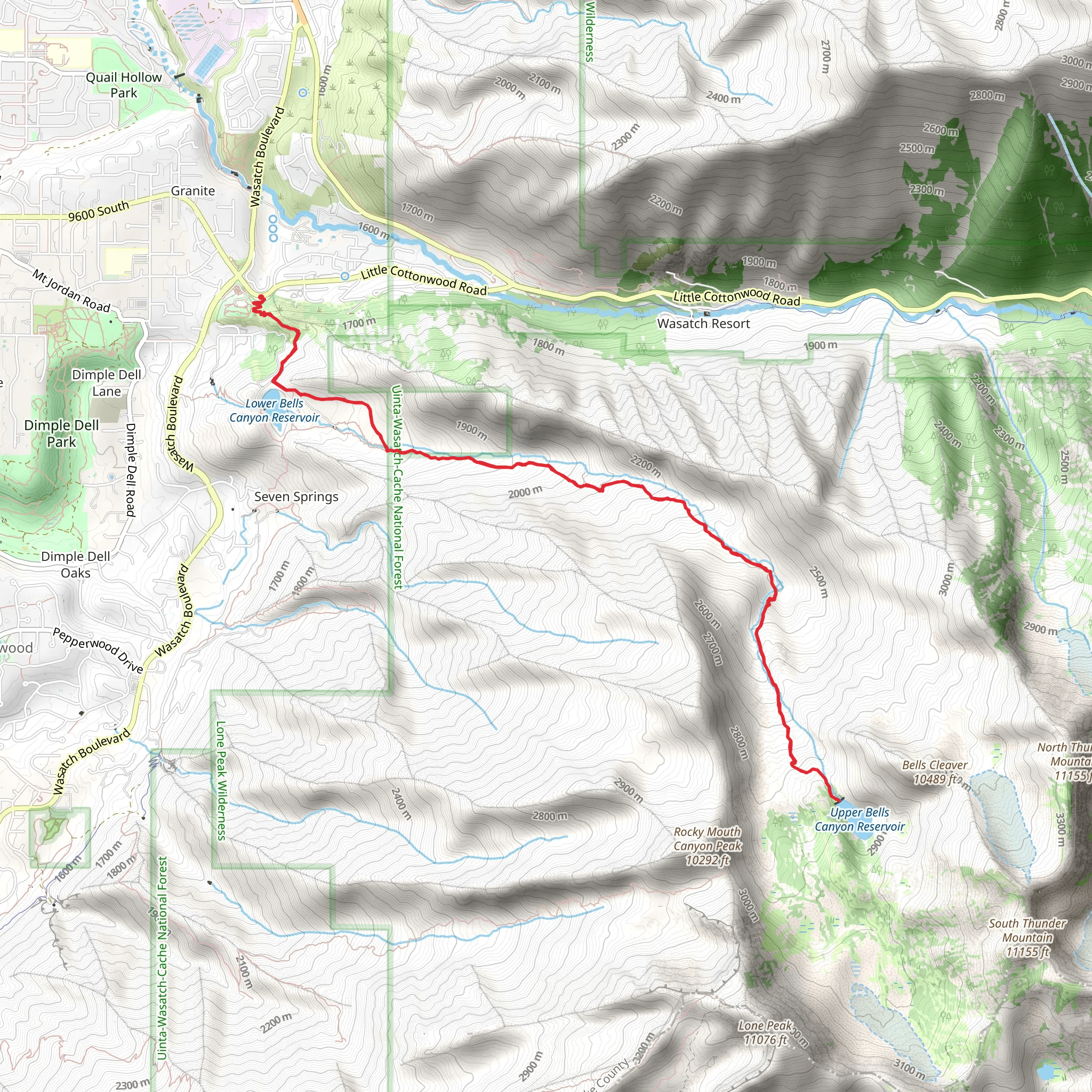 Upper Bells Canyon Reservoir via Bells Canyon Trail mobile static map