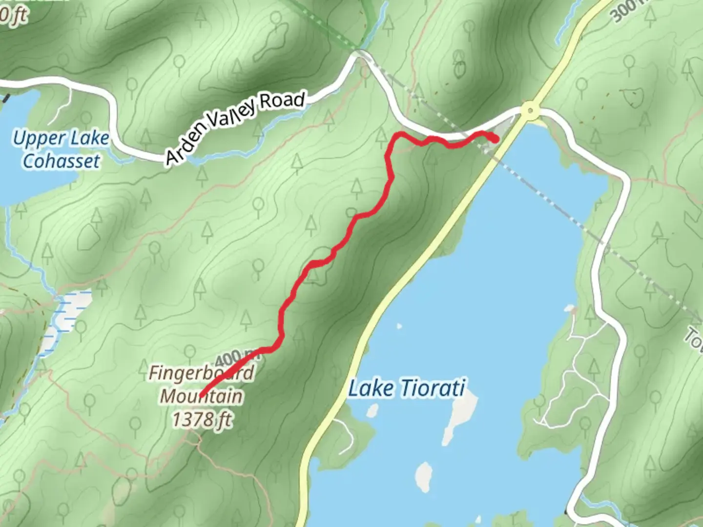 An image depicting the trail Fingerboard Mountain trail from Lake Tiorati and its surrounding area.