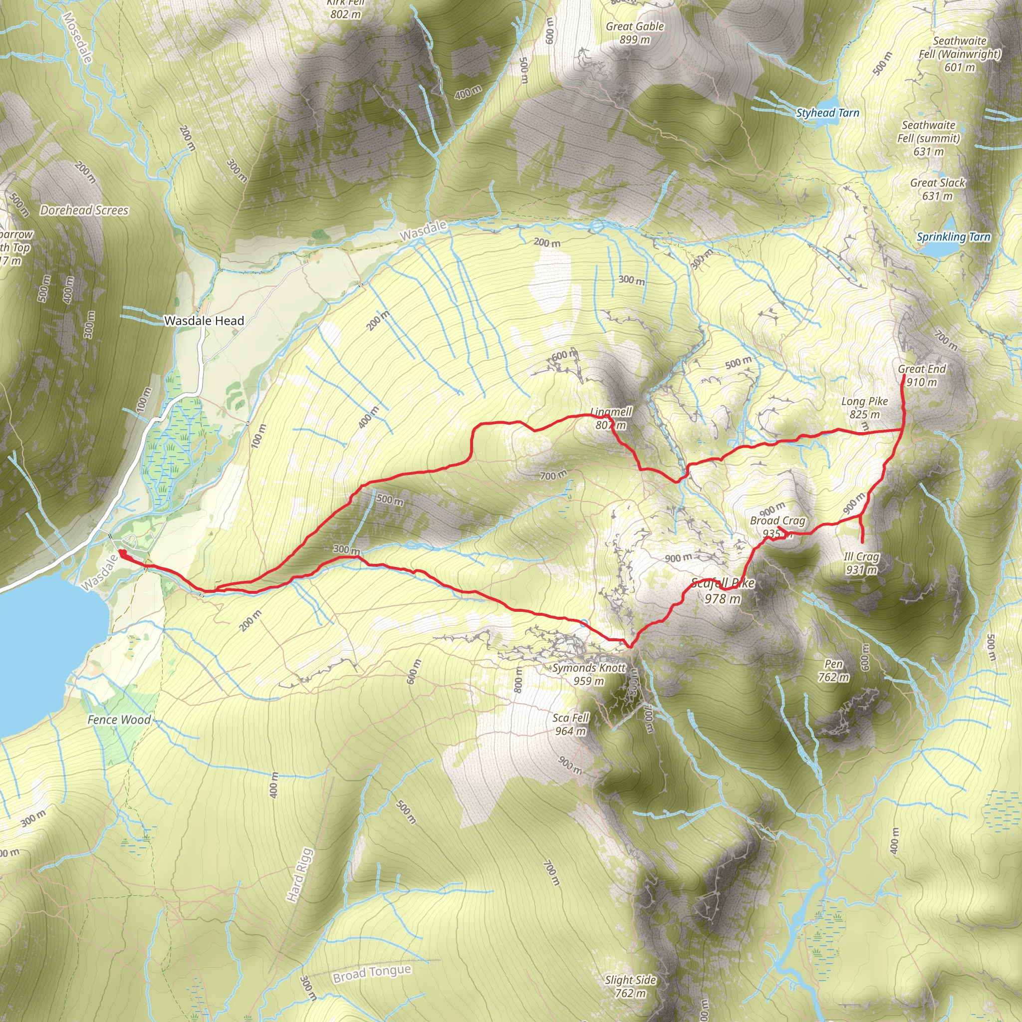 Lingmell, Piers Gill, Middleboot Knotts, Round How, Great End, Blunt Top, lll Crag, Broad Crag, Scaffel Pike and Mickledore Loop mobile static map