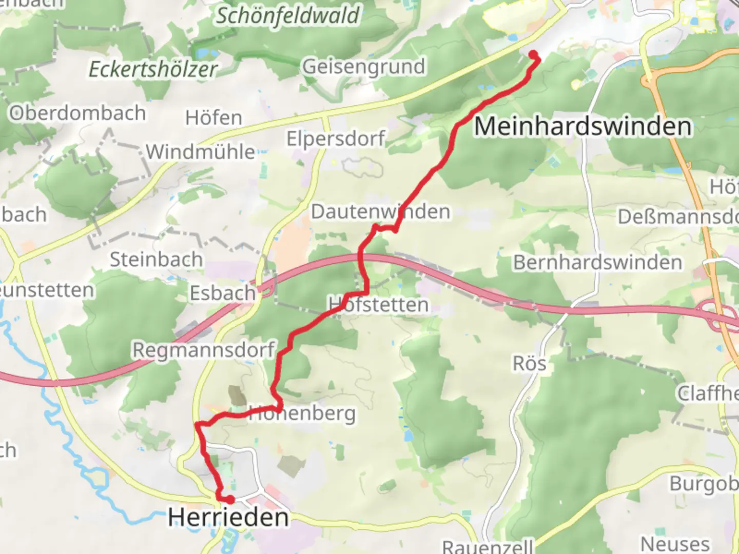 An image depicting the trail Herrieden - Ansbach and its surrounding area.