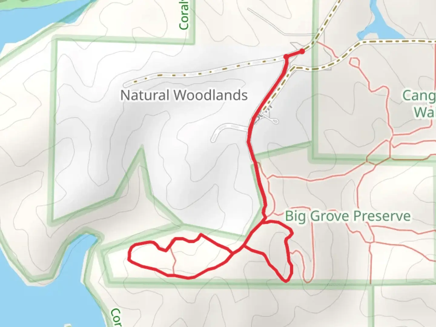 An image depicting the trail Big Grove Preserve Loop and its surrounding area.