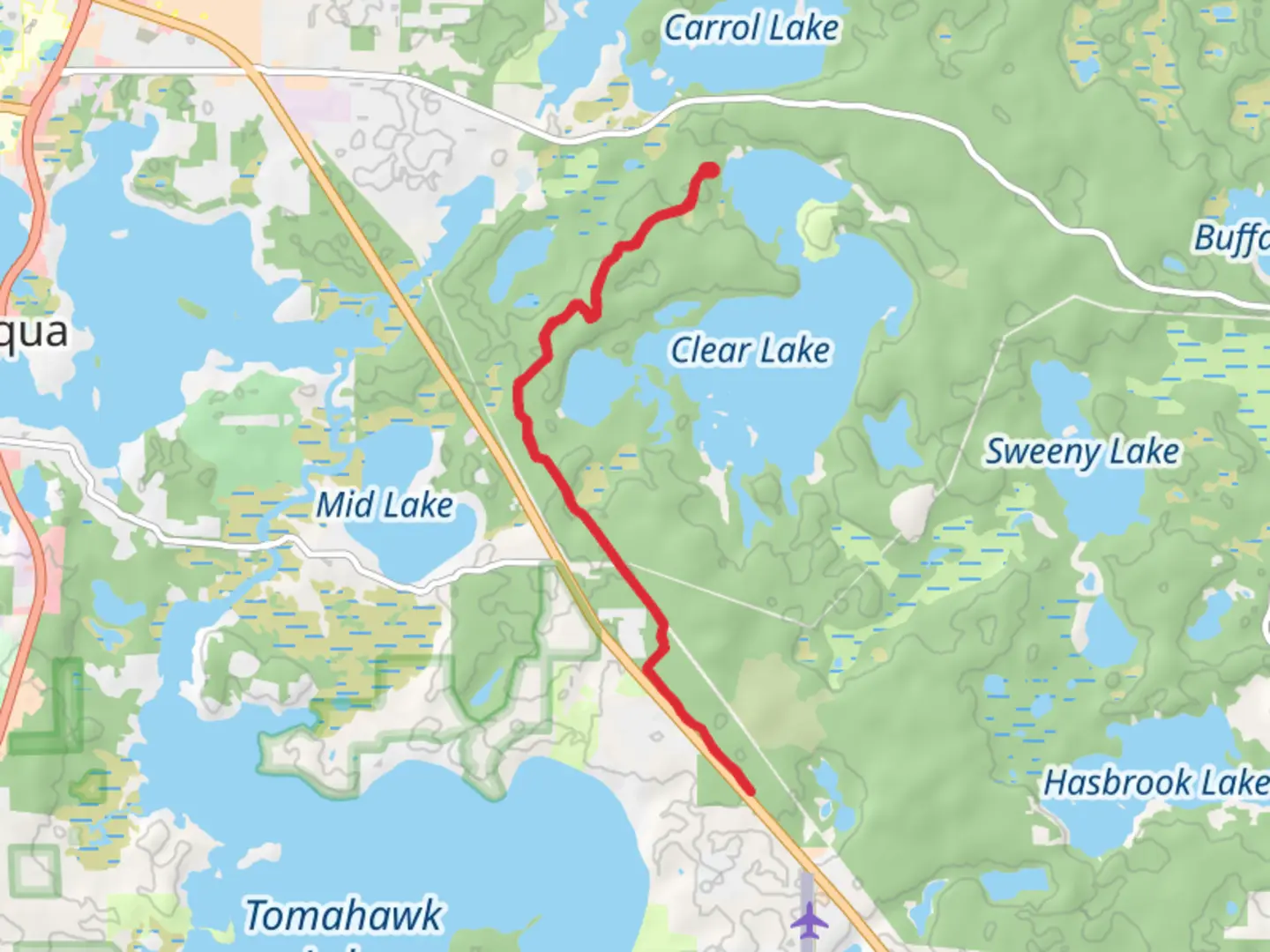 An image depicting the trail Walk beside Clear Lake from Camp Road and its surrounding area.