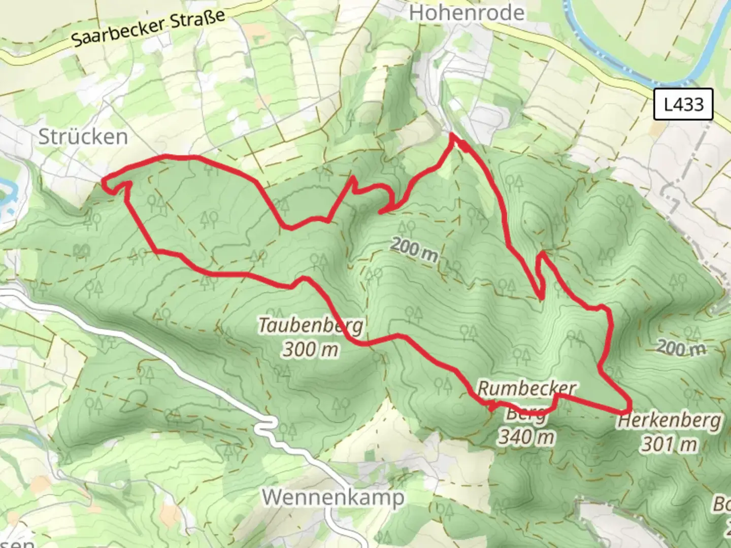 An image depicting the trail Schlingborn Route and Rumbecker Berg Route and its surrounding area.