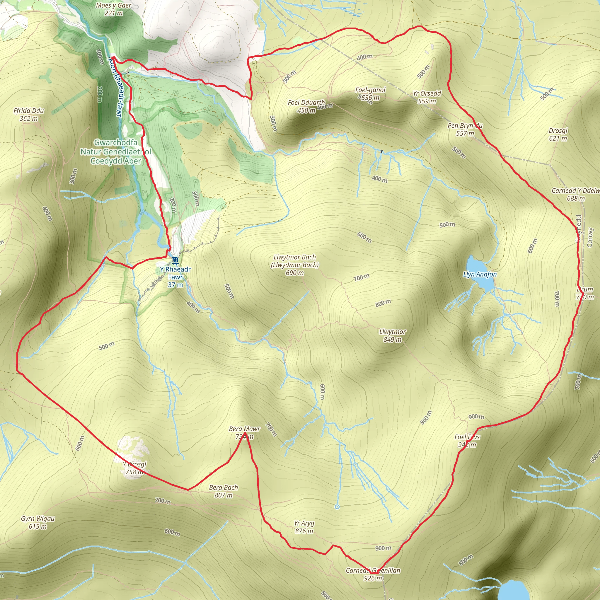 The Northern Carneddau from Abergwyngregyn mobile static map