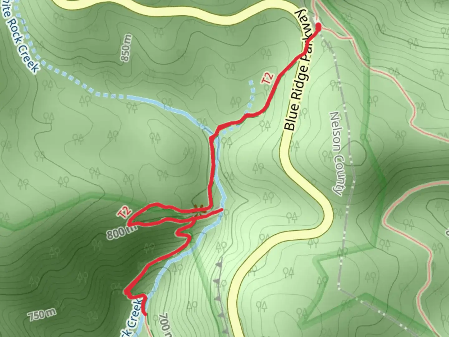 An image depicting the trail White Rock Falls Trail from Blue Ridge Parkway and its surrounding area.