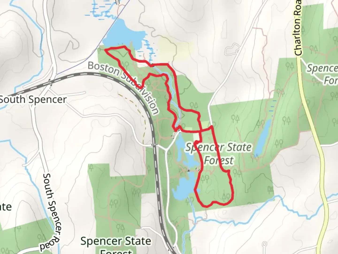 An image depicting the trail Howe Pond and Spencer State Forest Loop and its surrounding area.