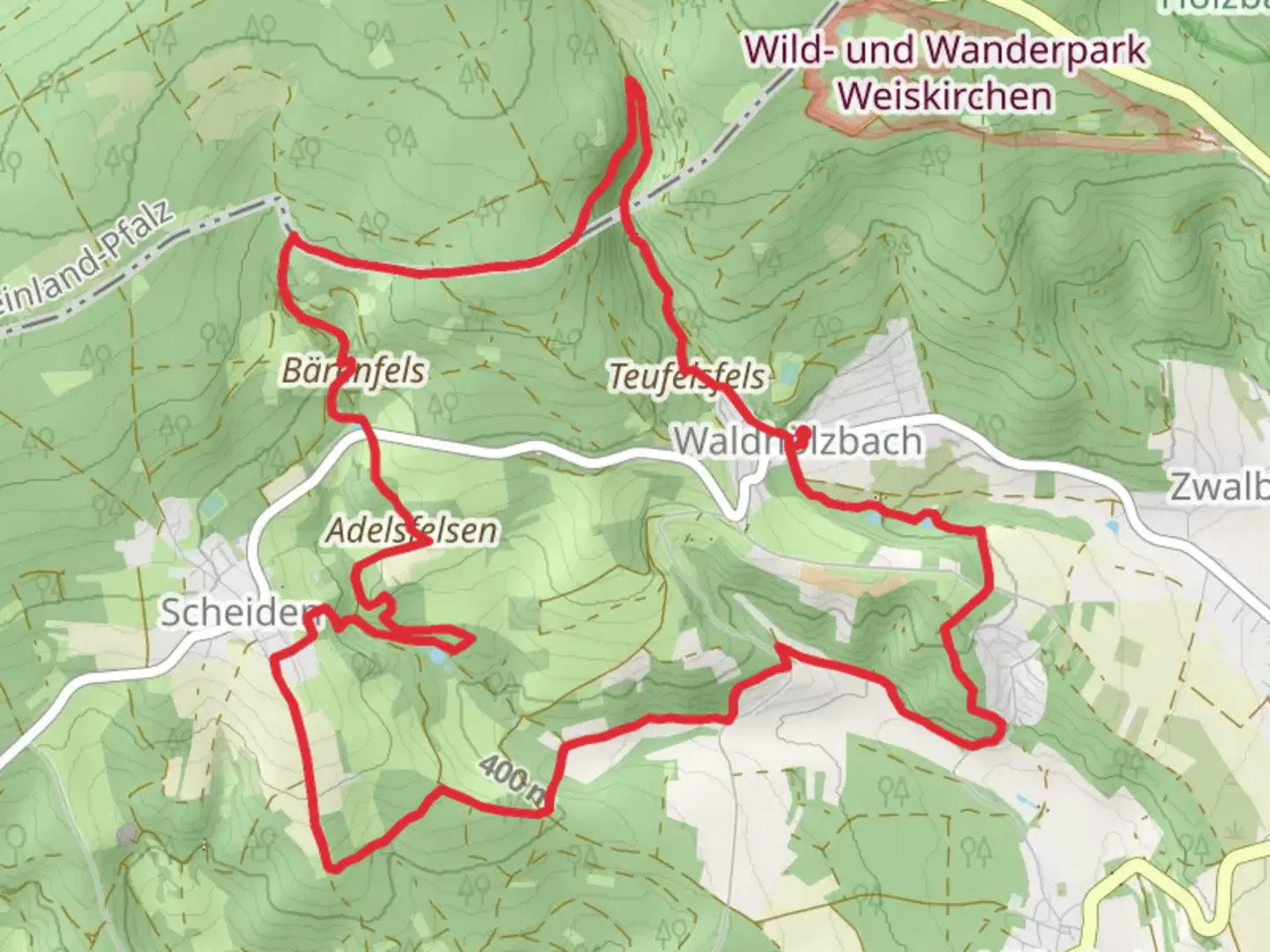 An image depicting the trail Teufelsfels, Baerenfels, Baerenfelsweiher and Adelsfelsen via Felsenweg Losheim and its surrounding area.