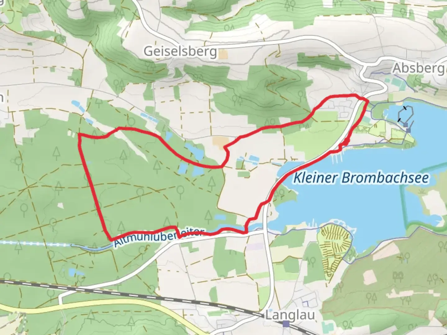 An image depicting the trail Kleiner Brombachsee via Fraenkisches Seenland and Via Aqua and its surrounding area.