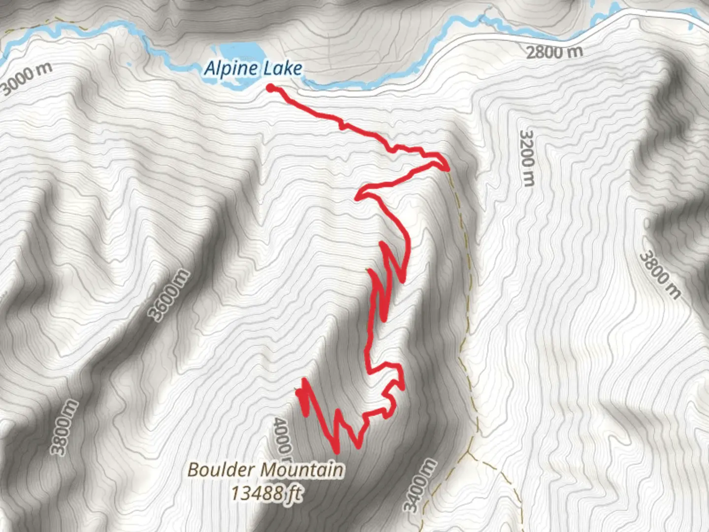 An image depicting the trail Boulder Mountain from Alpine Lake and its surrounding area.
