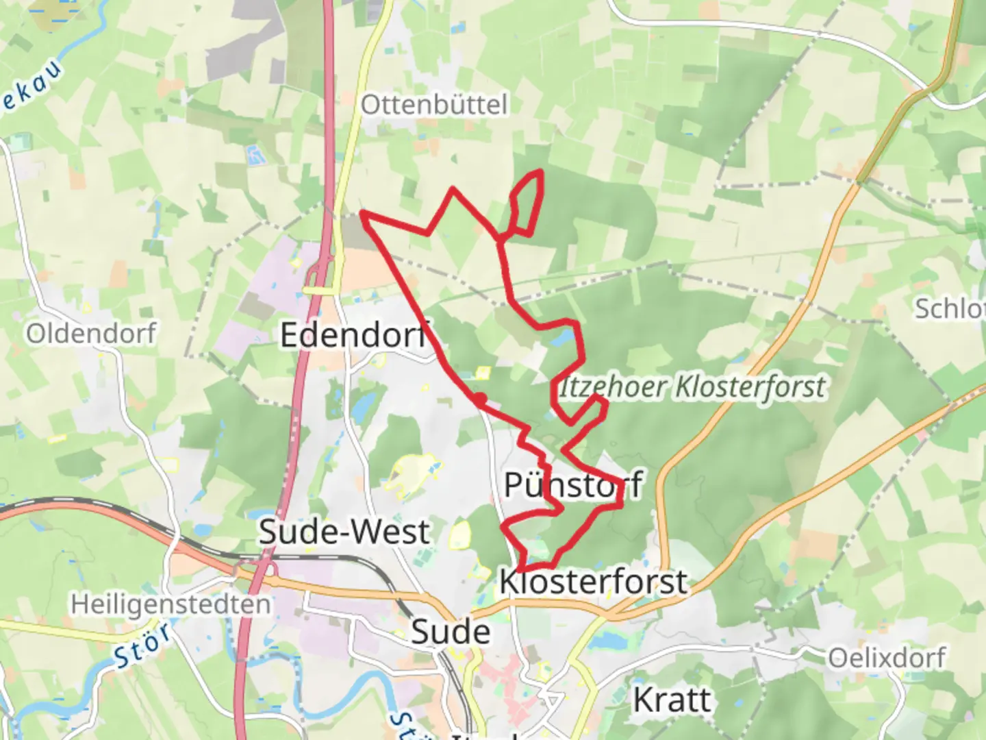 An image depicting the trail Stormsteich via Spanner Weg and Spaziergand im Stadtforst Itzehoe and its surrounding area.
