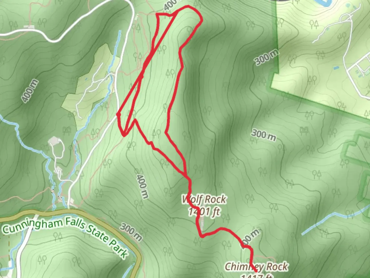 An image depicting the trail Wolf Rock and Chimney Rock via Hog Rock Trail and 8 Mile Loop trail and its surrounding area.